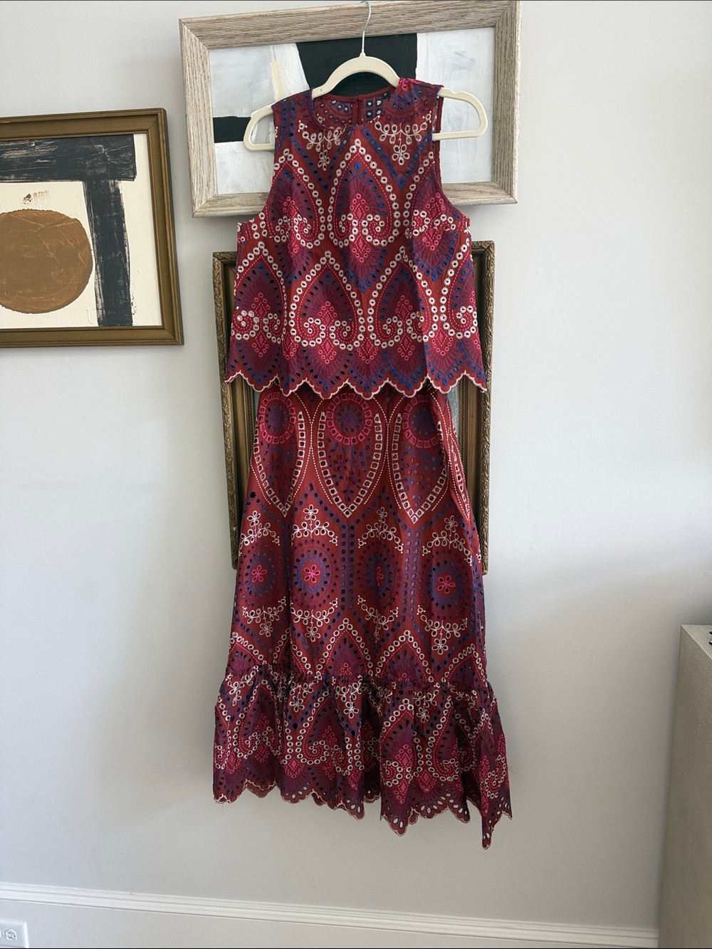 Source Unknown Red and Navy Patterned Lace Maxi Dress Set